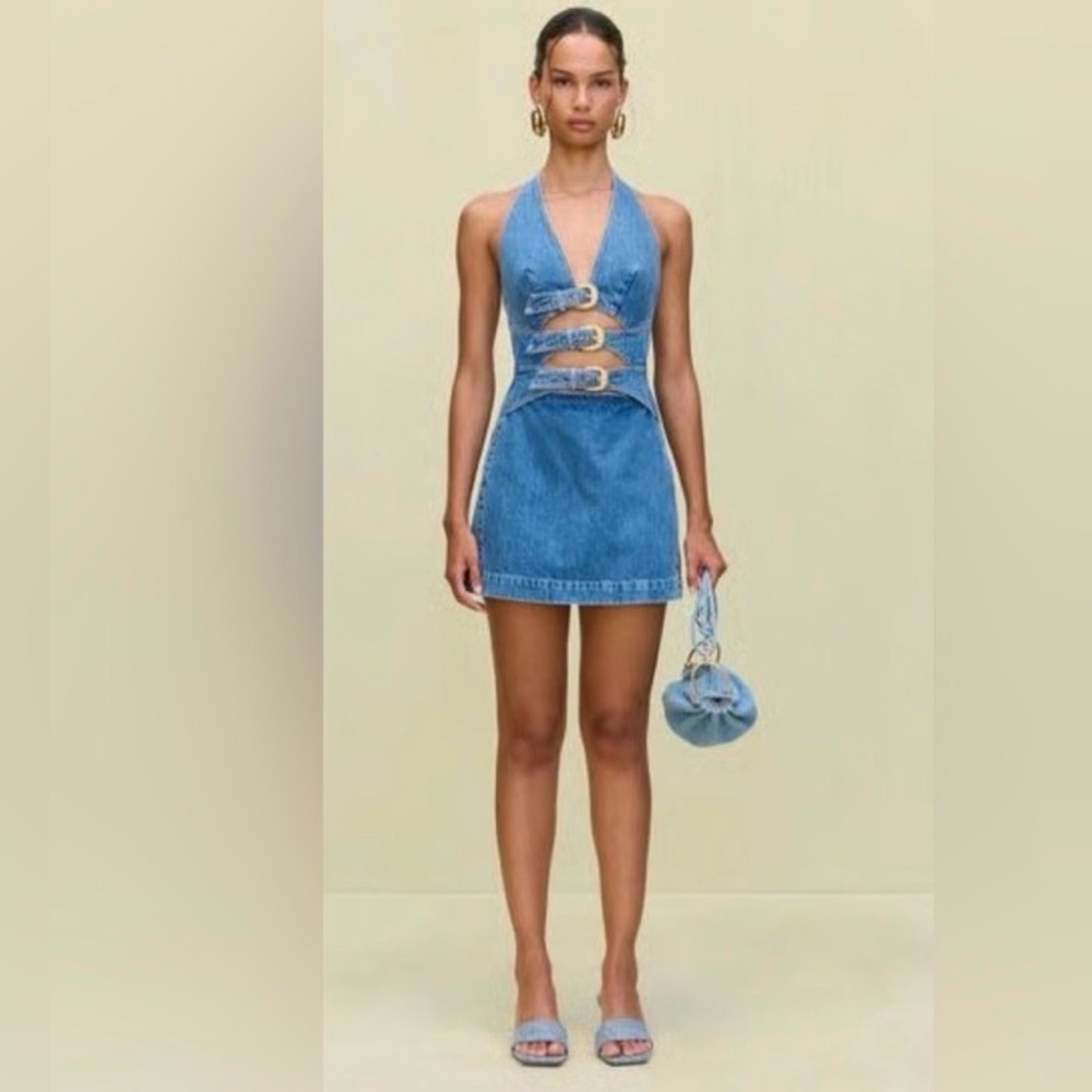 Commense Halter Neck Buckle Detail Denim Dress